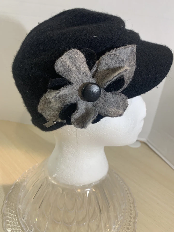 Betmar Women's Black Felt Hat with Flower One Size Wool Blend Newsboy Cap - Image 2 of 4