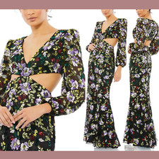 NWT$598 Mac Duggal [ 0 ] 5566 Floral Sequined Cutout Long Sleeve Gown Black Q860