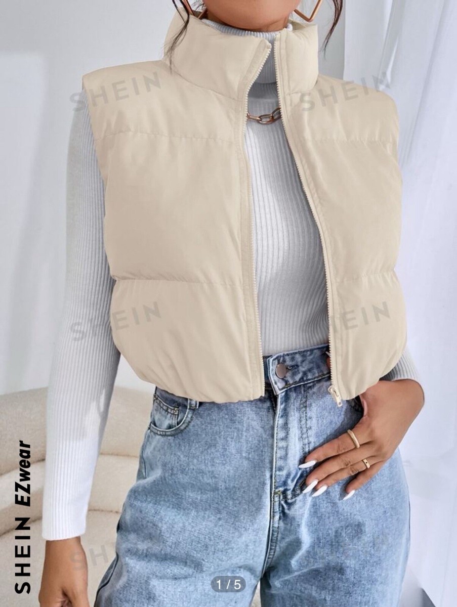 Shein Womens Solid Beige Nylon Zip Up Puffer Vest Jacket