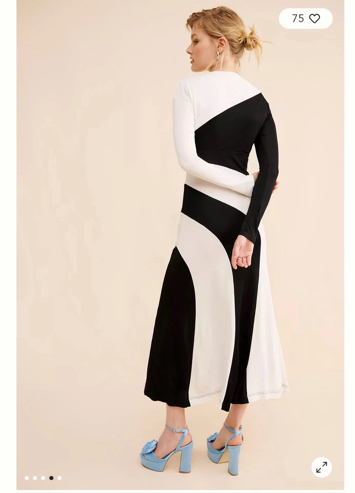 FARM Rio - Maxi Vestido Blanco y Negro Manga Larga Bloque de Color, Talla L Foto 3 de 4