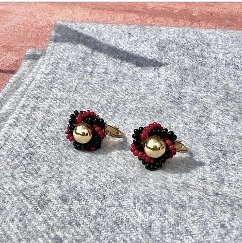Miriam Haskell Vintage Clip On Earrings Gold Tone With Red & Black Seed Beads