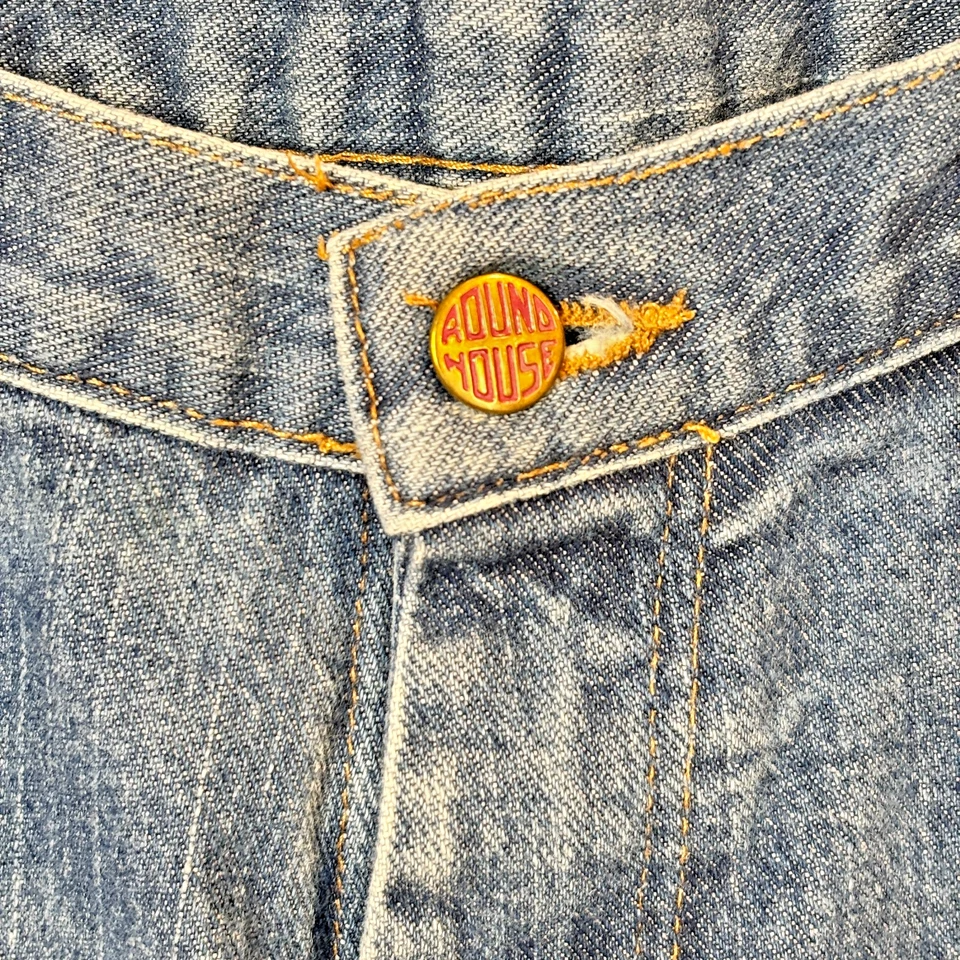 Calça jeans azul masculina Roundhouse perna reta tamanho 34x32 feita nos EUA jeans cru roupa de trabalho - Imagem 2 de 4