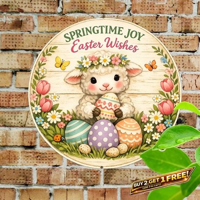 Rabbit Wreath Design Round Tin Sign 8x8 Easter Wall Art