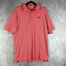 Under Armour Polo Shirt Mens Large Pink Striped HeatGear Loose Fit Outdoor Golf