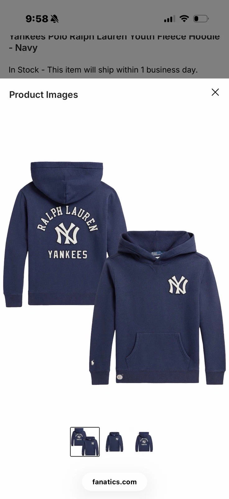 Yankees Polo Ralph Lauren Youth Fleece Hoodie - Navy