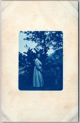 Cyanotype Postcard Woman in Garden Sent to Windsor IL  Emma Peters Carrie Quiett