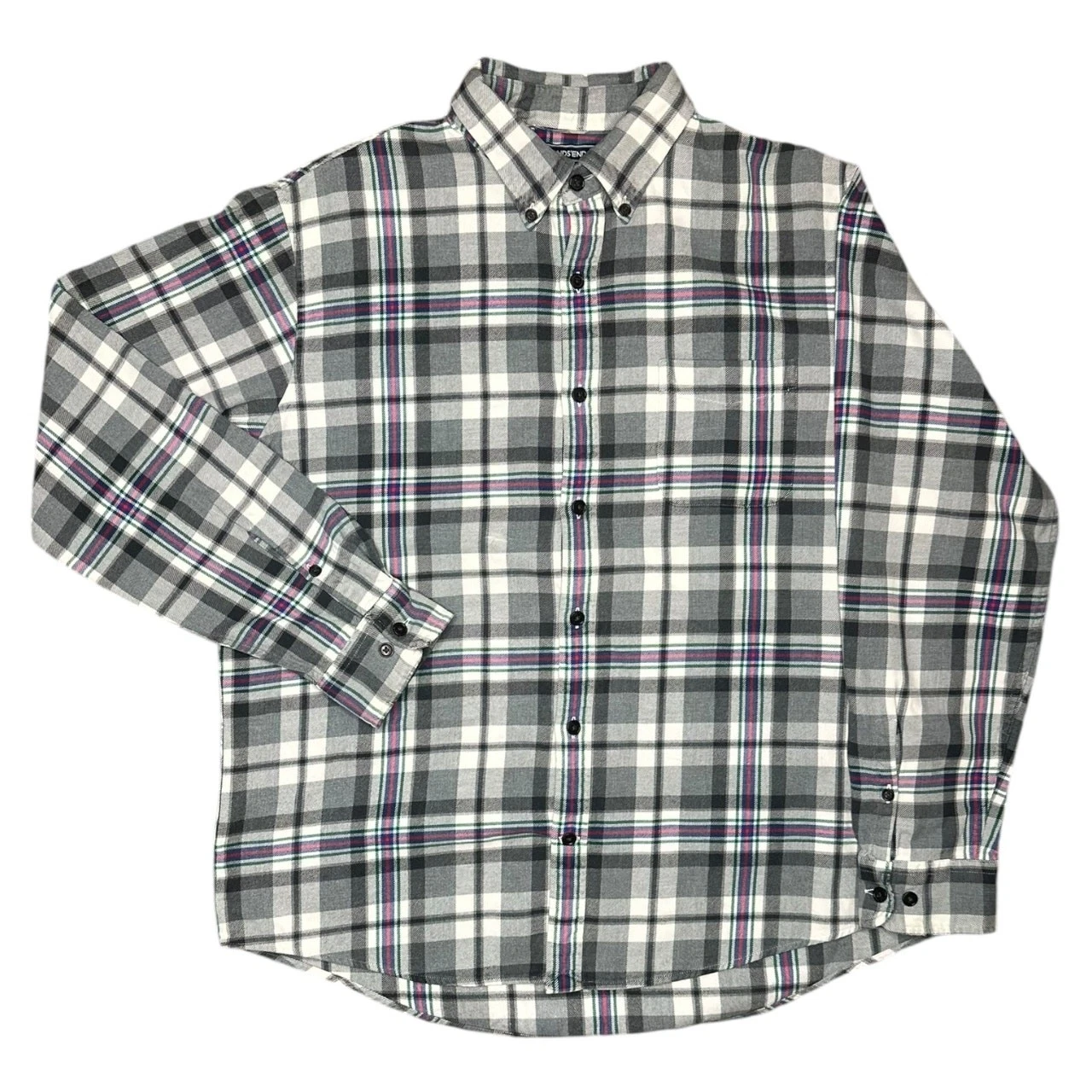 Lands' End Flannel Shirt Mens L Grey Plaid Cotton Traditional Fit Button Down