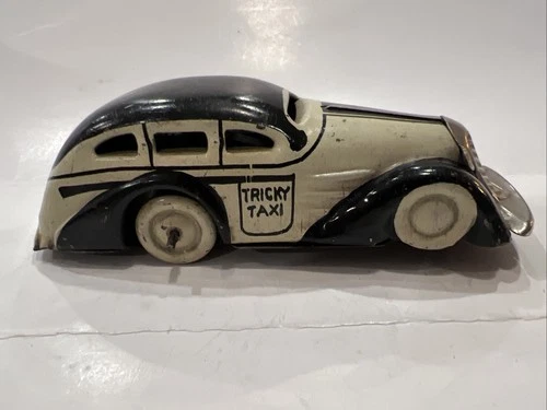 1930s LOUIS MARX Black & Beige TRICKY TAXI Mechanical Wind-Up Tin Litho Toy