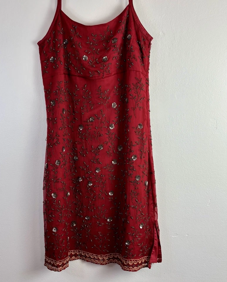 Vintage Y2K Express Dress 9 Red Silk Beaded Sequin Cocktail Evening Empire Waist - Image 2 of 4