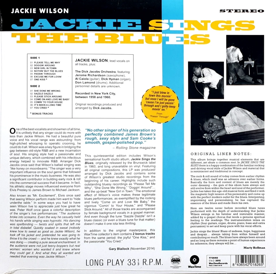 Пластинка долгоиграющая Jackie Wilson-Jackie Sings the Blues 180 г 2 бонус-трека плюс цифровой даунло - Изображение 2 из 2