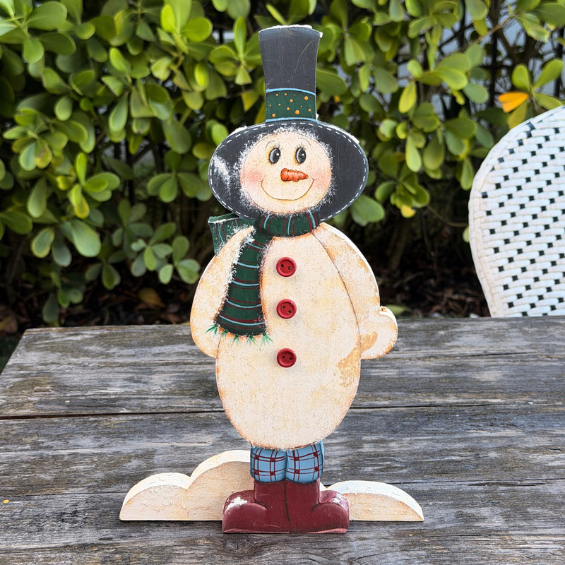 Vintage Primitive Folk Art Wooden Snowman with Top Hat Farmhouse Christmas