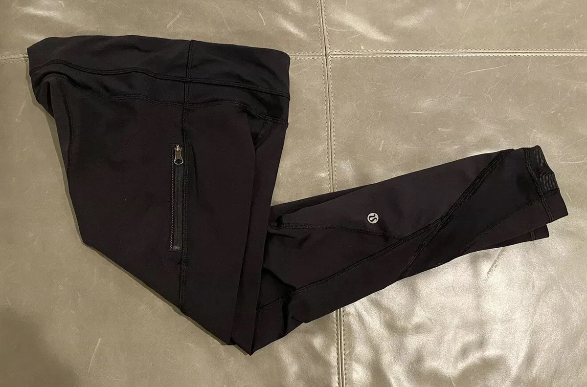 Lululemon Womens Crop Leggings Vertical Zipper Pocket Yoga Pants Black  Sheer 2