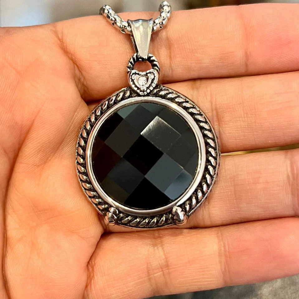 Большой черный оникс круглый шахматная доска из нержавеющей стали свитер заявление ожерелье