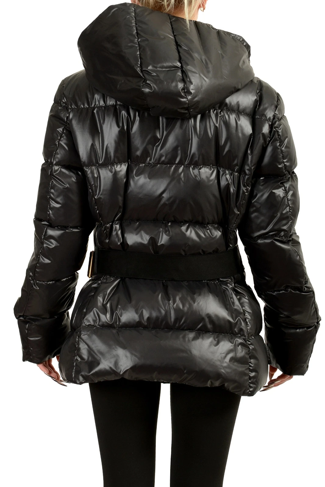 Giacca parka donna Versace nero piumino con cintura e cappuccio staccabile US XL IT 46