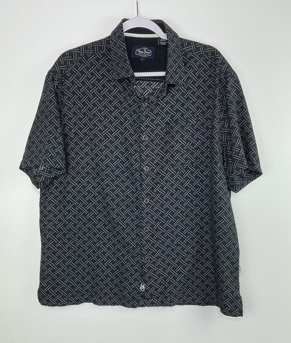 ハンドメイドつ Nat Nast Men's Large Black Silk Blend Retro Button Front Short