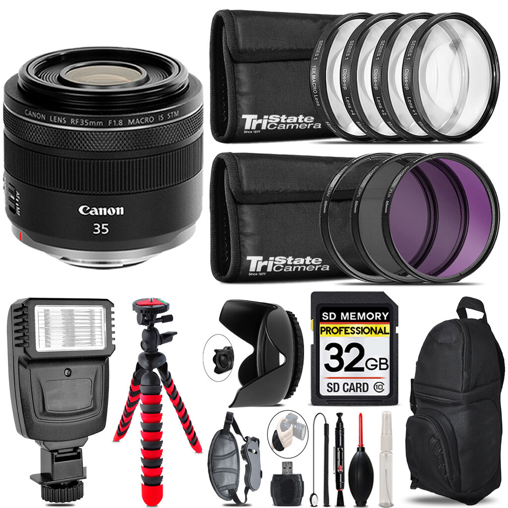 Canon RF 35mm IS Macro STM Lens + Flash + Tripod & More - 32GB