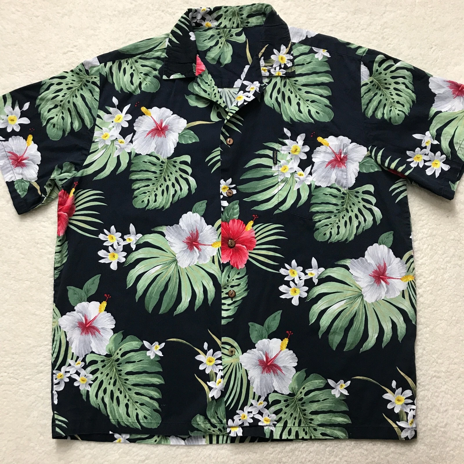 Palmwave Men's XL Hawaiian Shirt Tropical Leaves Flowers Green Black Vintage