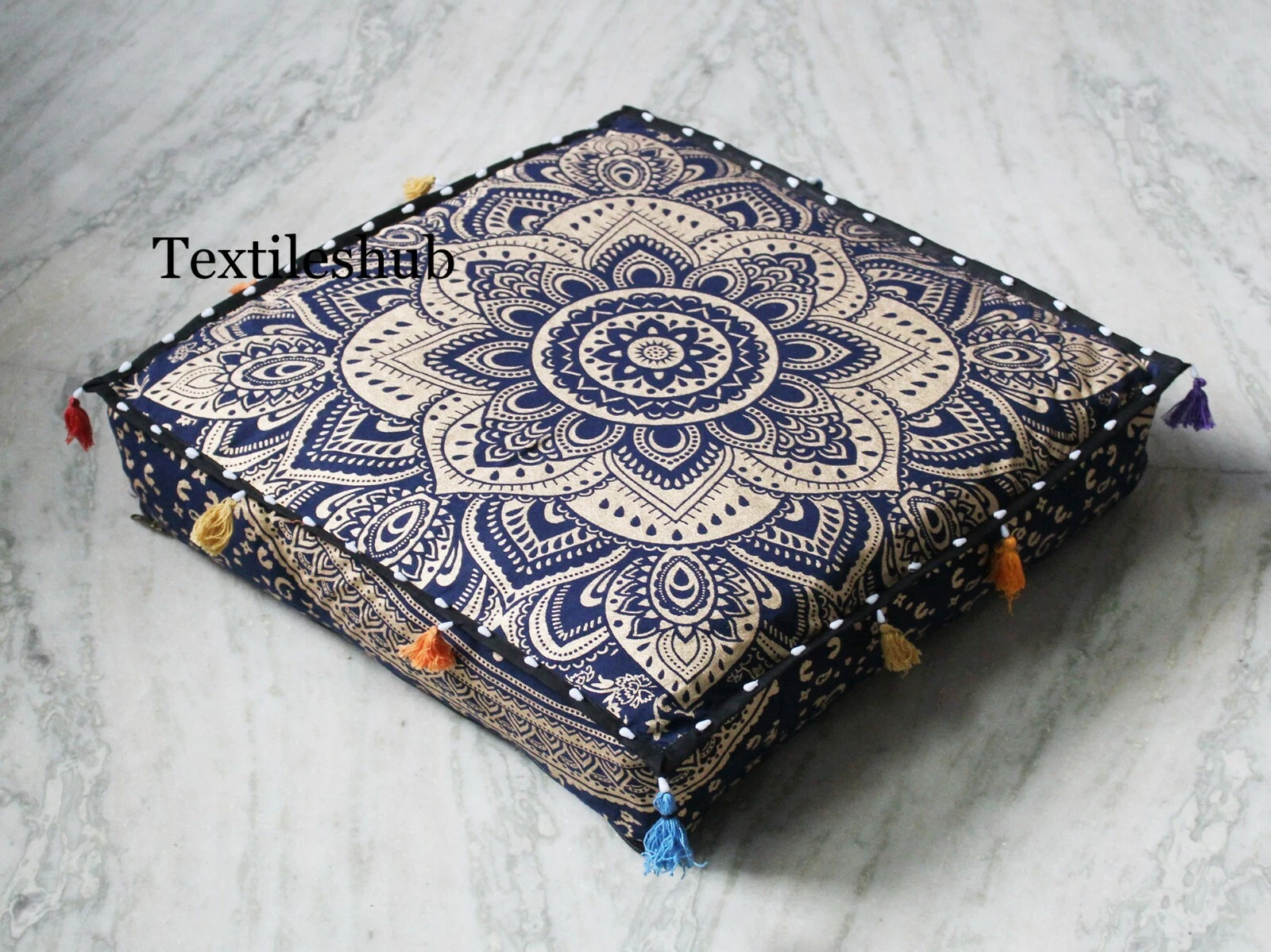 22x5" Indian Blue Gold Ombre Mandala Square Floor Cushion Cover Pet Bed Throws