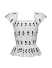 LUG VON SIGA TULIP EMBROIDERED RUFFLE TRIMMED SMOCKED COTTON CROP TOP SZ.34/XS