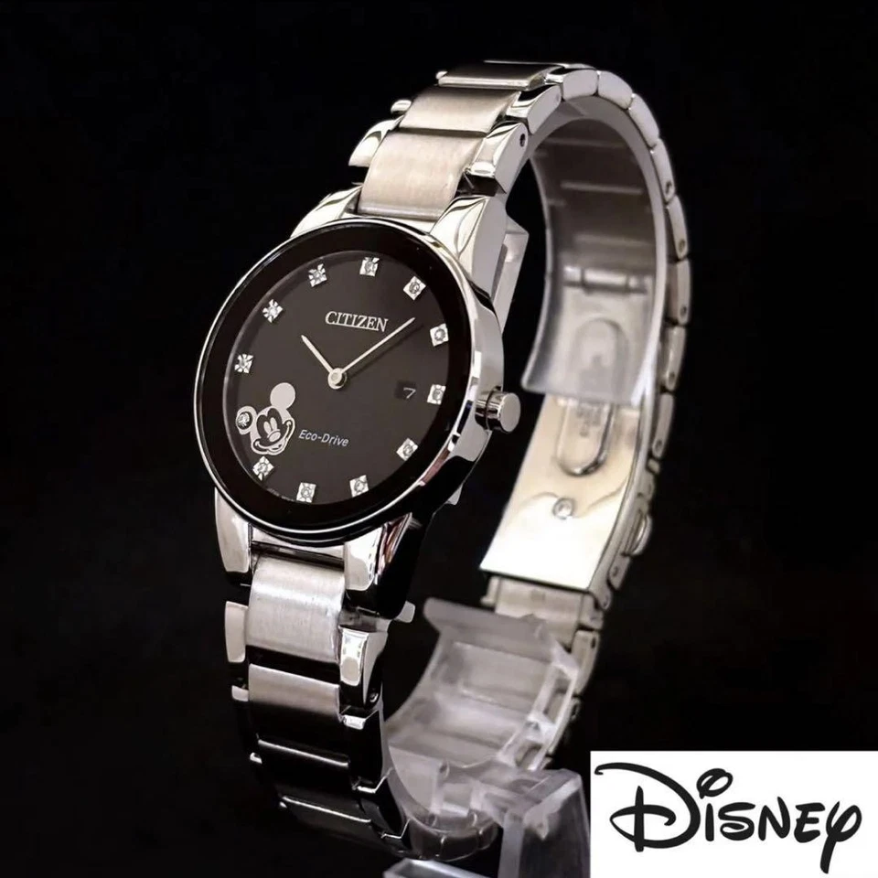 Relógio feminino Disney Mickey Citizen Eco-Drive prata diamante mostrador preto - Imagem 2 de 4