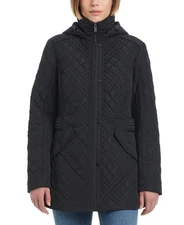 Jones New York Women's Hooded Stand-Collar Quilted Coat, Black, XL