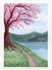 6x8 ORIGINAL Painting Colorful Cherry Blossom Lake, Signed Calmly Create