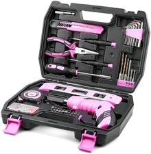 123 Piece Pink Household Tool Set with 3.6V USB Cordless Drill & Screwdriver