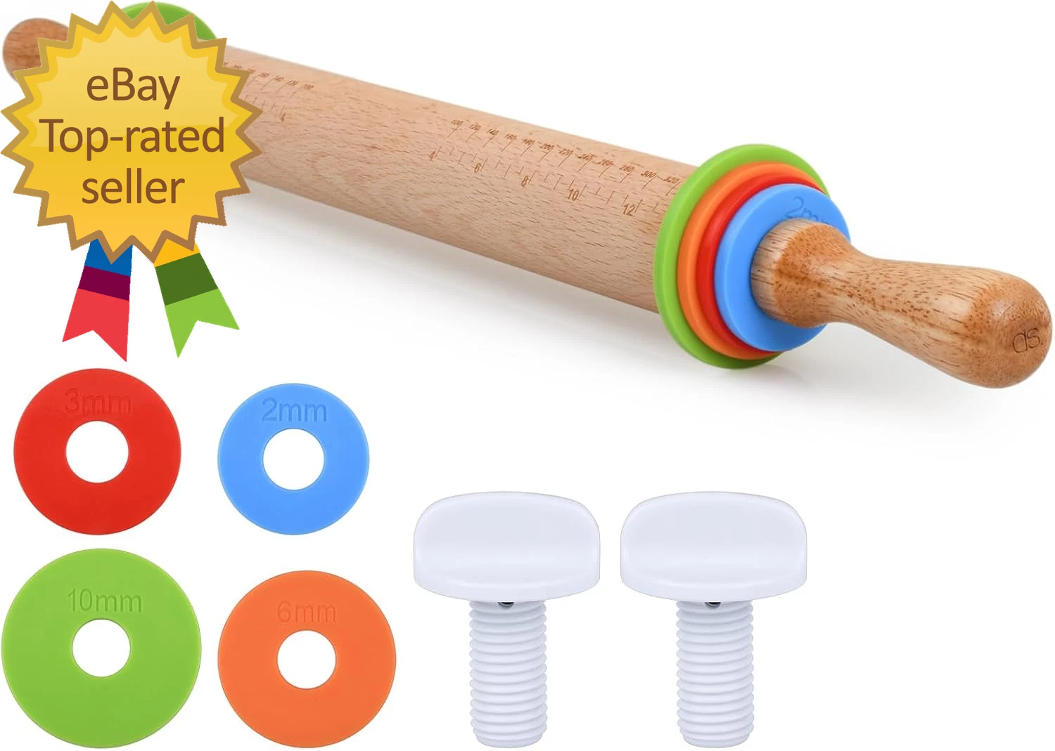 Rolling Pin with 4 Adjustable Thickness Rings and Long Handle 13.6 Inch Wooden