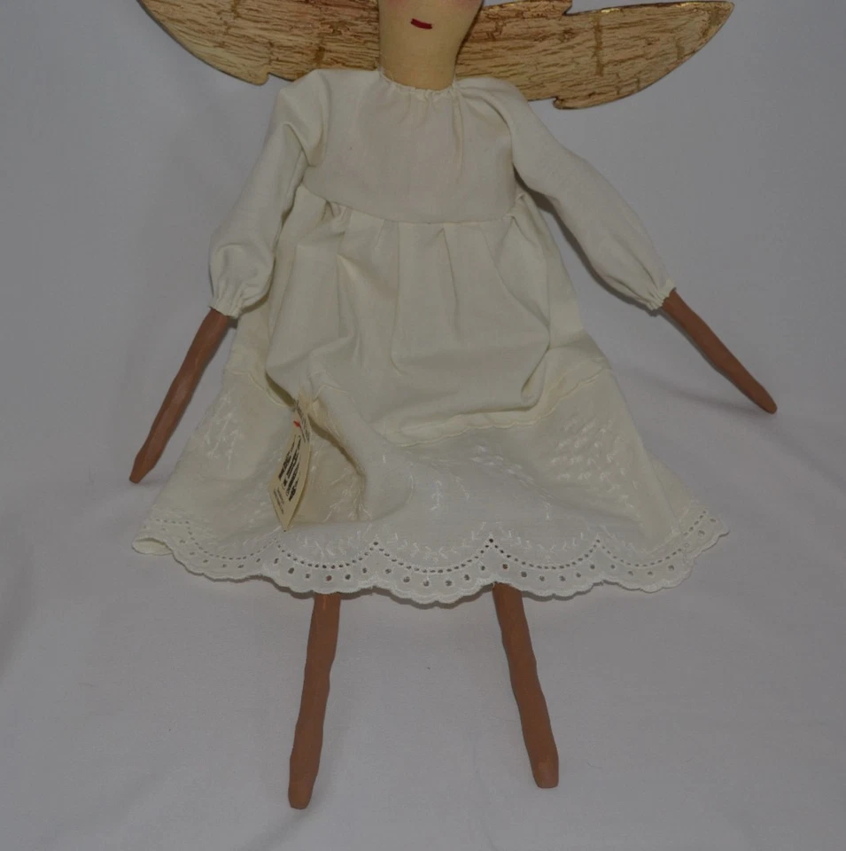 Primitive Handmade Shappy FolkArt Cottage Country Angel with Vintage linen dress - Image 3 of 4