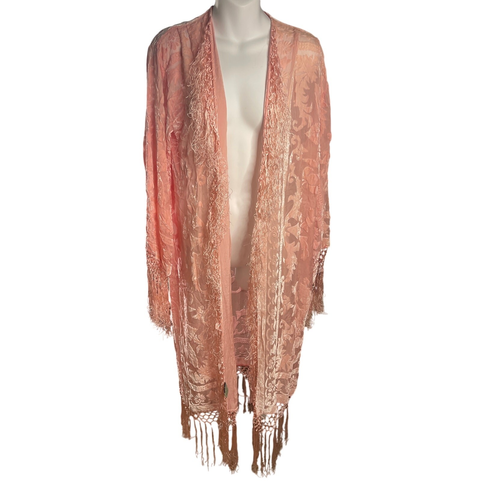 Vintage Rose Burnout Velvet Boho Fringe Kimono in Silk Rayon