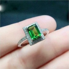 2Ct Emerald Cut Lab Created Peridot Women's Wedding Ring 14K White Gold Plated