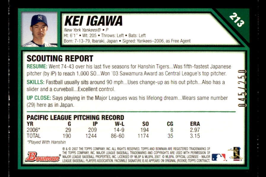 2007 Bowman Orange #213 Kei Igawa Yankees Rookie #/250 (ref 31022) - Image 2 of 2