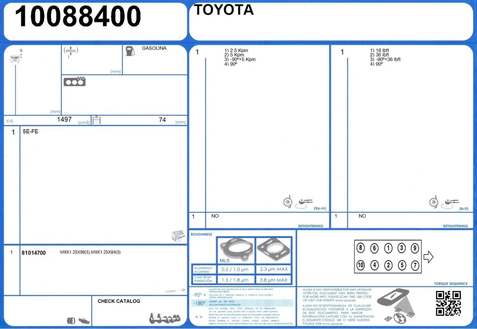Juego completo de juntas de reconstrucción de motor TOYOTA TERCEL 16V 1.5 90 5E-FE (8/1995-/1998) Foto 2 de 2