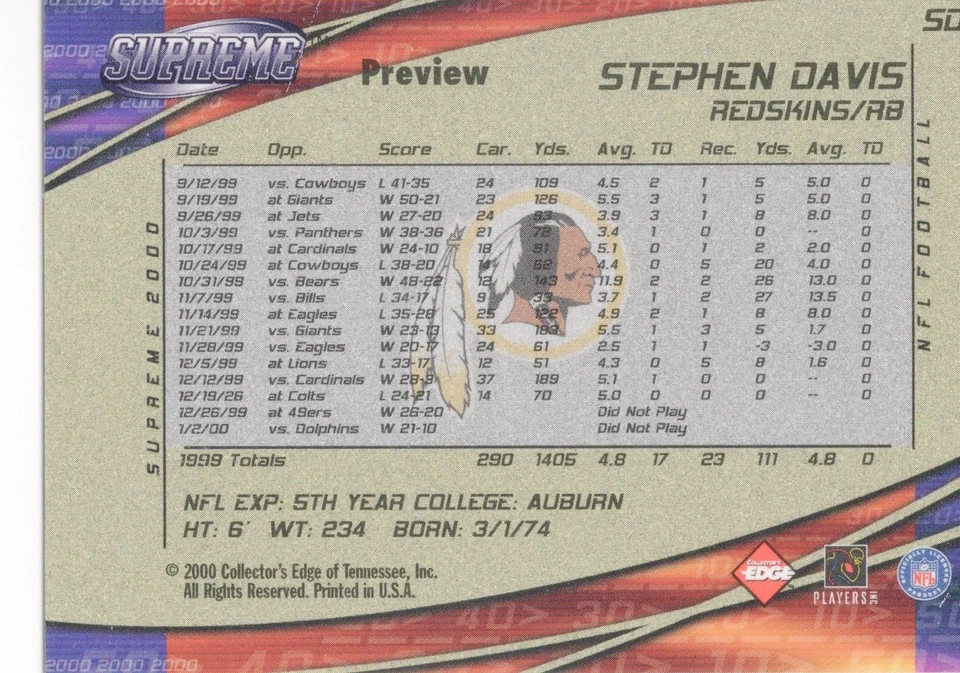 2000 Collector's Edge Supreme Preview #50 Stephen Davis Redskins - Image 2 of 2