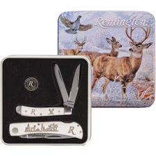 Remington Mule Deer Tin Set Pocket Knife Stainless Blades Smooth Bone Handle