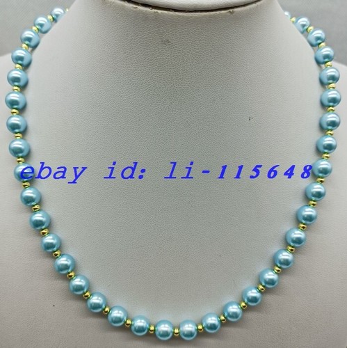 Elegant Women Charming 8mm Blue Shell Pearl Round Beads Necklace 20 Inch Gift - Picture 5 of 6
