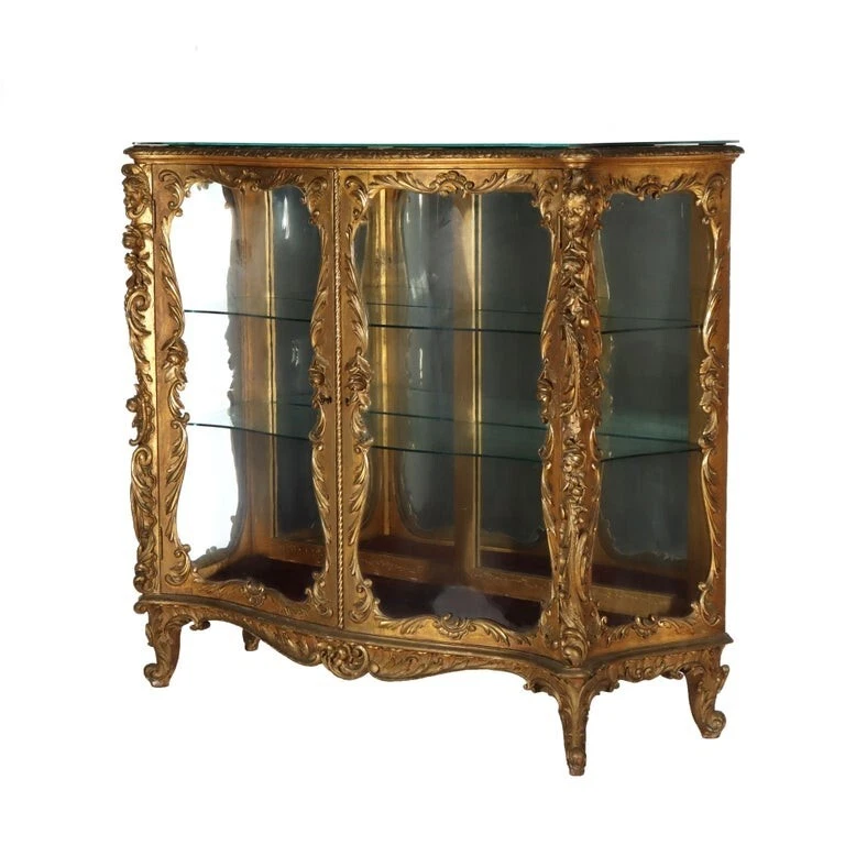 古董法国路易十四风格洛可可雕像和花卉雕刻镀金木玻璃 — 第 3/4 张图片