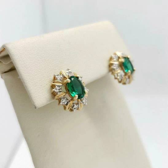 3 Ct Oval Cut Green Emerald Lab Created Cluster Earrings 14k Yellow Gold Finish - Image 3 of 4