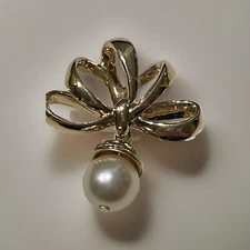 Vintage Gold Tone Bow Slide Pendant Faux Pearl Dangle By Nolan Miller