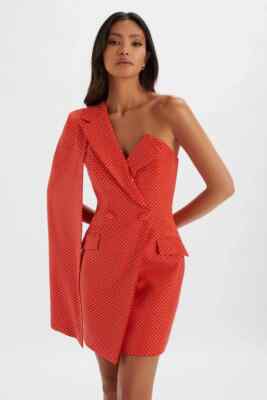 LAVISH ALICE Crystal Embellished One Shoulder Cape Blazer Dress in