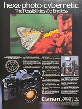 Canon A-1 Camera Butterfly Flower Hexa-Photo-Cybernetic Vintage Print Ad 1980