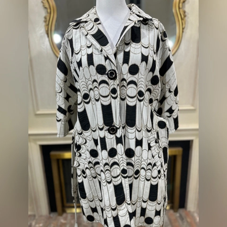 Trina Turk Talla 10 Negro Blanco Metálico Cinturón Chaqueta Vestido Abrigo Retro Mod Estampado Foto 4 de 4