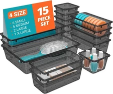 15 PCS Clear Plastic Drawer Organizer Set, 4-Size Acrylic Drawer Storage Trays, 
