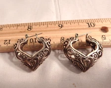 Puffy Heart Silver Earrings Open Scroll Work Hoop Flowers