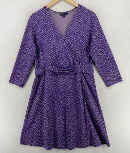 LANDS' END Dress M 10-12 Herringbone Faux Wrap Long Sleeve Stretch Jersey Purple