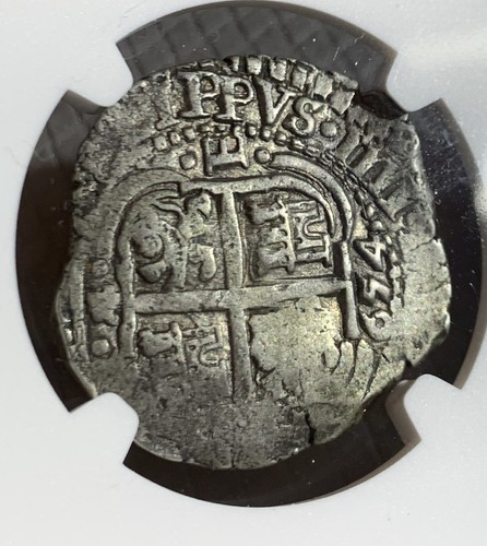NGC AU Capitana Shipwreck 1654 Spanish Bolivia 4 Reales Silver Cob Coin - Picture 3 of 6