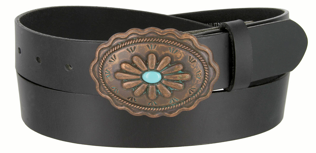 Western Genuine Leather Belt with Turquoise Inlay Flower 