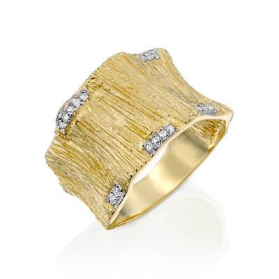 14k Wide Artisan Yellow Gold Textured Gold Ring With Real H/SI Diamond Accents