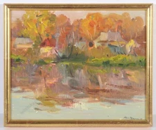 Leonid Titarchuk (1939-2014) "Village at Lake", Oil Painting, 1960s (1)