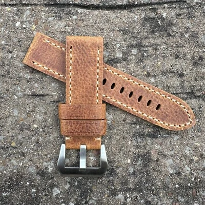 Pour OFFICINE PANERAI PAM Bracelet De Montre En Cuir Brun Plein Grain De 24 Mm - Photo 1/4